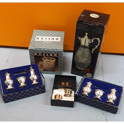 138 - A boxed vintage silver plate crystal claret jug, Pair of Arthur Price Napkin Rings plus other boxed ... 