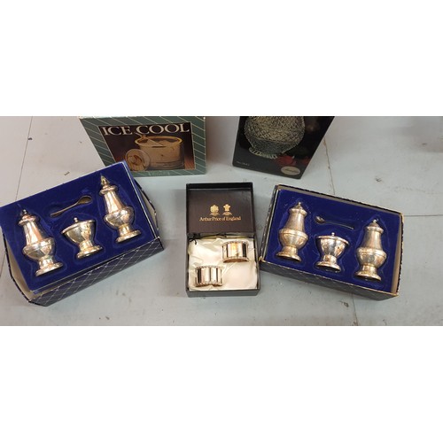 138 - A boxed vintage silver plate crystal claret jug, Pair of Arthur Price Napkin Rings plus other boxed ... 