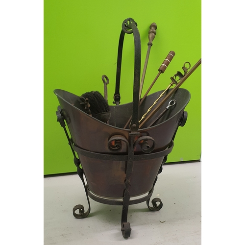 127B - Copper & Iron Coal Bucket on stand with fire companion contents