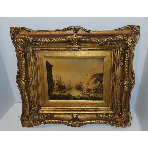 107D - Old oil painting of ships in ornate wood frame