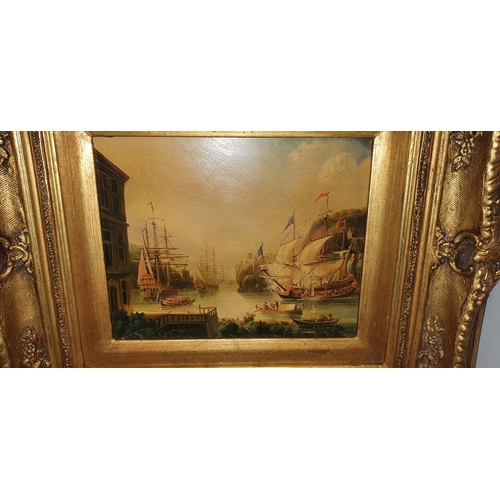 107D - Old oil painting of ships in ornate wood frame