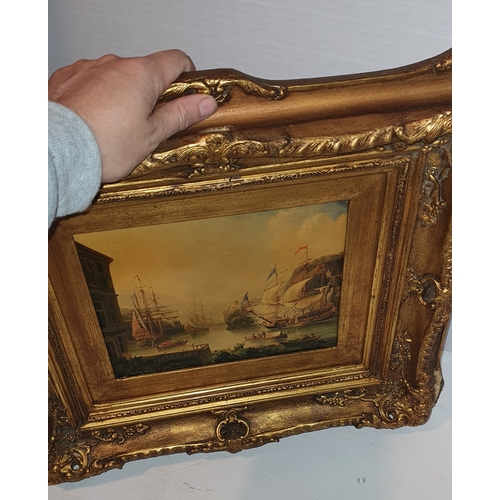 107D - Old oil painting of ships in ornate wood frame