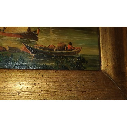 107D - Old oil painting of ships in ornate wood frame