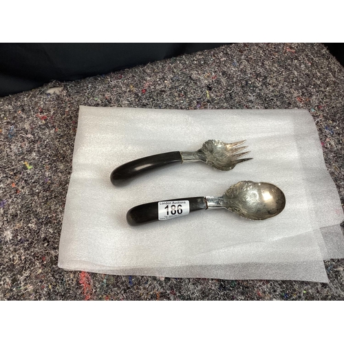 186 - Malaysian Horn Handle Silver Serving Fork and Spoon Set