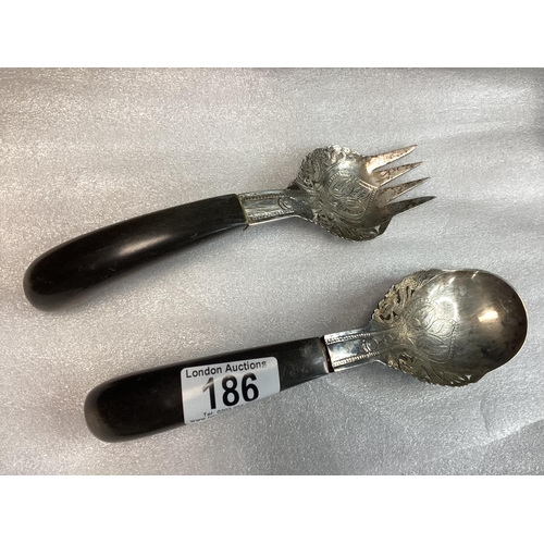 186 - Malaysian Horn Handle Silver Serving Fork and Spoon Set