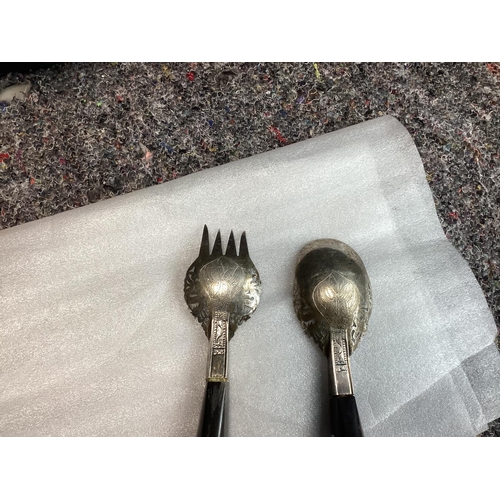 186 - Malaysian Horn Handle Silver Serving Fork and Spoon Set