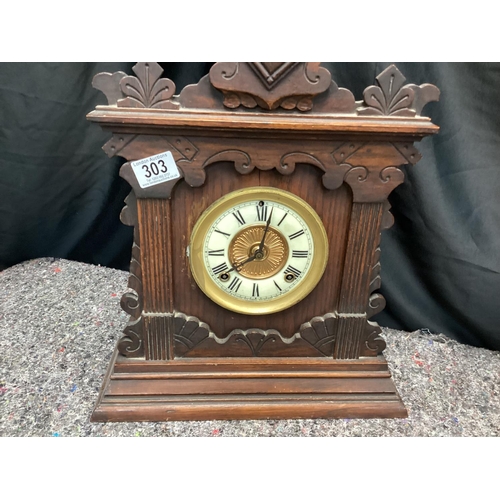 303 - Ansonia Clock Company Oak/Mahogany Cased Clock with Key & Pendulum