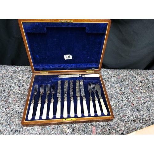 328 - Victorian Mappin Brothers Mother of Pearl Handled Knives and Forks in a Mahogany Canteen