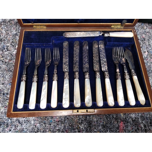 328 - Victorian Mappin Brothers Mother of Pearl Handled Knives and Forks in a Mahogany Canteen