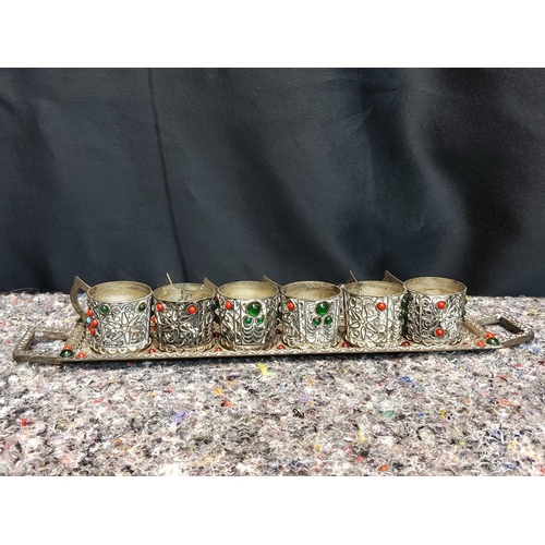 363 - Possibly Kabylian - Decorated White Metal Set of 6 Beakers on a Decorated Tray