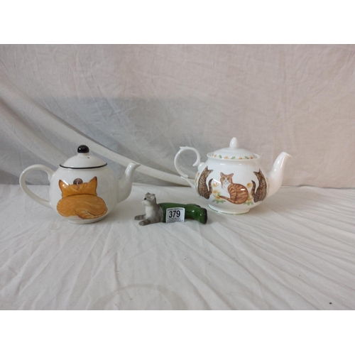 379 - 2 Cat Themed Teapots and a cat figurine