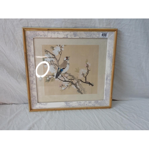 498 - Handpainted Japanese Silk-Bird on a Branch (42cm x 39cm)