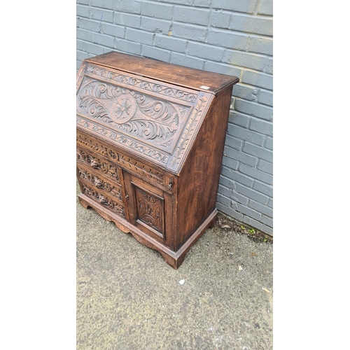 225 - Carved Oak Greenman Writing Bureau c. 1880 (90cm Wide, 45cm Deep, 1 Metre Tall)