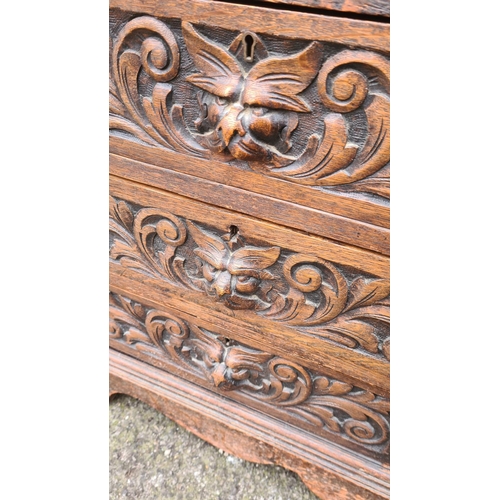 225 - Carved Oak Greenman Writing Bureau c. 1880 (90cm Wide, 45cm Deep, 1 Metre Tall)