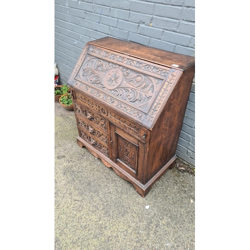 225 - Carved Oak Greenman Writing Bureau c. 1880 (90cm Wide, 45cm Deep, 1 Metre Tall)