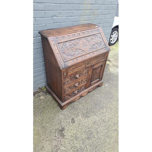 225 - Carved Oak Greenman Writing Bureau c. 1880 (90cm Wide, 45cm Deep, 1 Metre Tall)