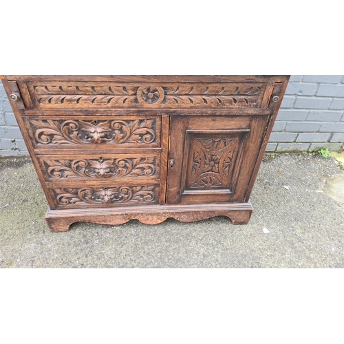 225 - Carved Oak Greenman Writing Bureau c. 1880 (90cm Wide, 45cm Deep, 1 Metre Tall)