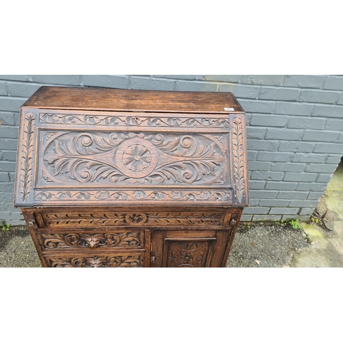 225 - Carved Oak Greenman Writing Bureau c. 1880 (90cm Wide, 45cm Deep, 1 Metre Tall)