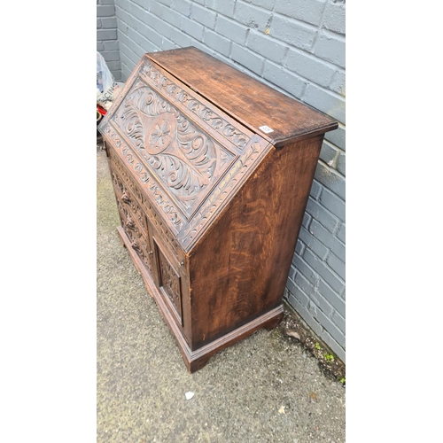 225 - Carved Oak Greenman Writing Bureau c. 1880 (90cm Wide, 45cm Deep, 1 Metre Tall)