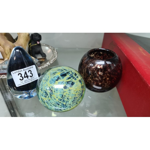 343 - Lot of 3 Paperweights including 1 Marked Murano