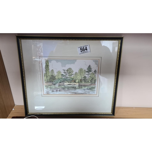 564 - Vintage Framed Coloured Print of Carshalton Ponds