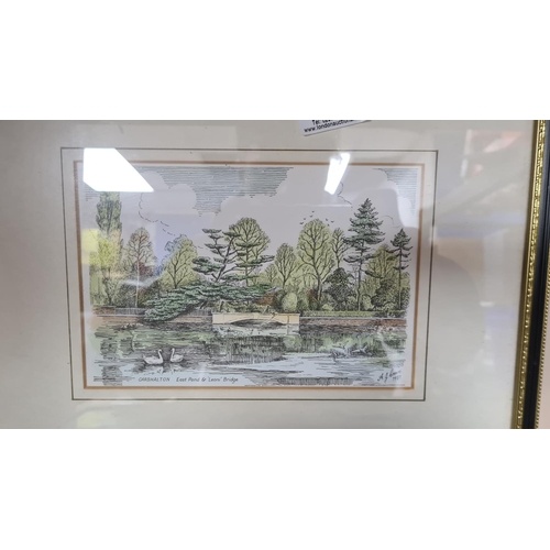 564 - Vintage Framed Coloured Print of Carshalton Ponds