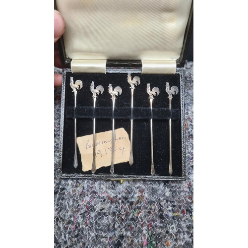 133 - Cased Set of 6 Hallmarked Silver Cocktail Sticks-Birmingham 1913