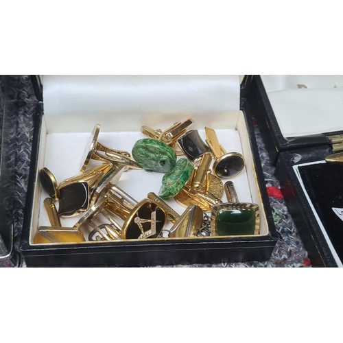 150 - Aristocrat Gents Cigarette Box Containing Cufflinks etc Plus 2 other boxes with cufflinks, tie clips... 