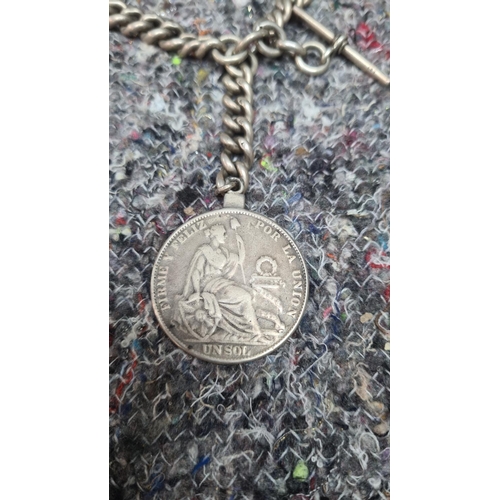 91 - Hallmarked Silver Albert Watch Chain with 1916 Peruvian 900 Silver Coin Gross Weight 167.3g