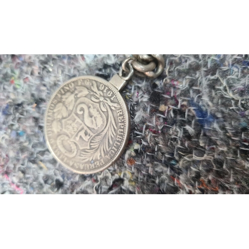 91 - Hallmarked Silver Albert Watch Chain with 1916 Peruvian 900 Silver Coin Gross Weight 167.3g