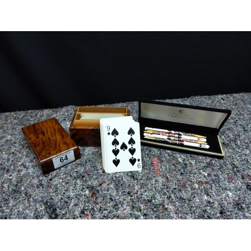 64 - Poker Themed Pen Set and a Wooden Boxed Deck of Playing Cards