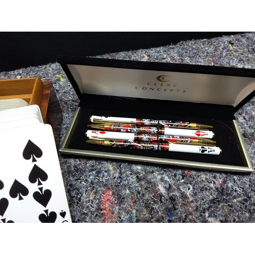 64 - Poker Themed Pen Set and a Wooden Boxed Deck of Playing Cards