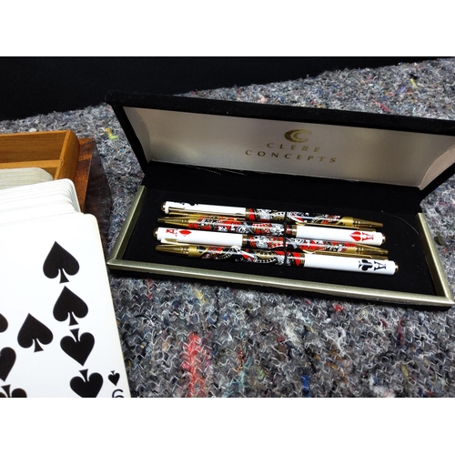 64 - Poker Themed Pen Set and a Wooden Boxed Deck of Playing Cards