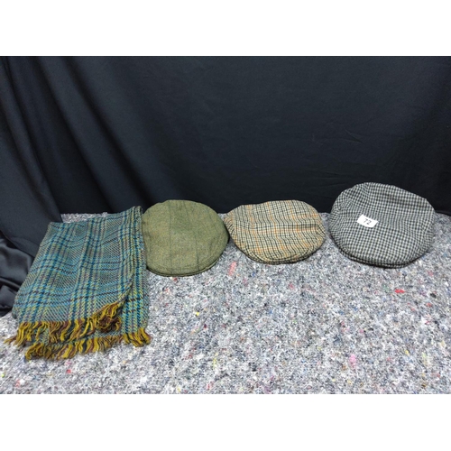 72 - Lot of 3 Shooting Hats and a Scarf incl. Walker and Hawkes, Hughes and Hughes, William Evans