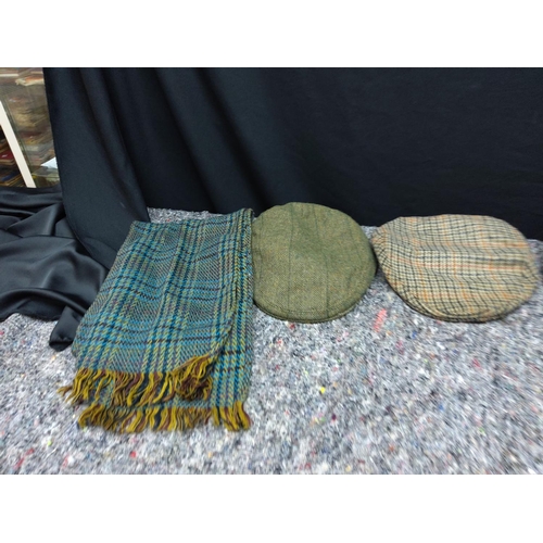 72 - Lot of 3 Shooting Hats and a Scarf incl. Walker and Hawkes, Hughes and Hughes, William Evans