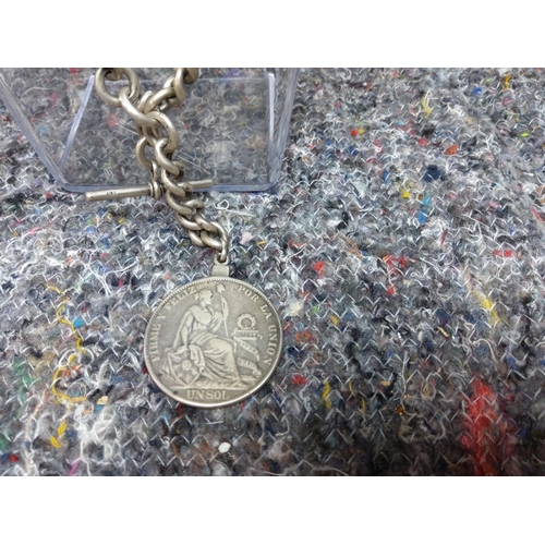 91 - Hallmarked Silver Albert Watch Chain with 1916 Peruvian 900 Silver Coin Gross Weight 167.3g