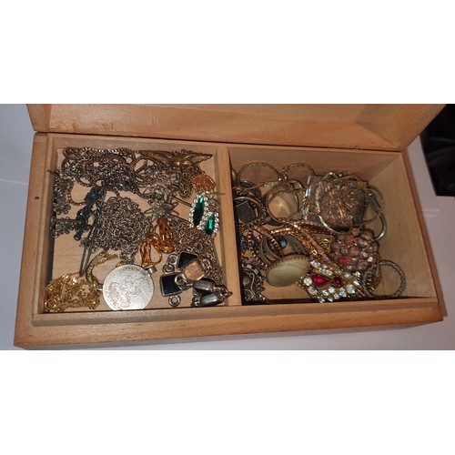 6 - Wooden box of various jewellery etc - unsorted house clearance lot Inc 9ct gold chain, Silver Chain ... 