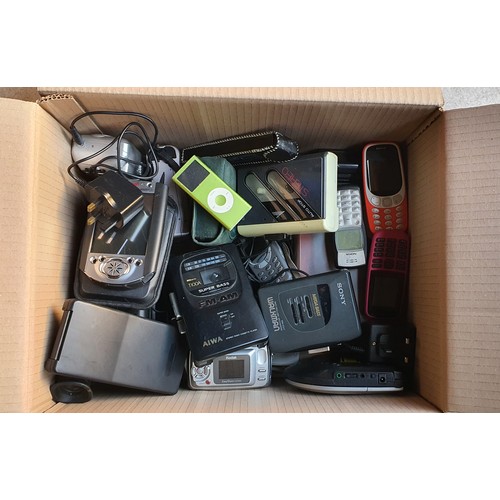 12 - Box of various vintage electricals Inc Walkman, CD player, Mobile phones, Cameras etc