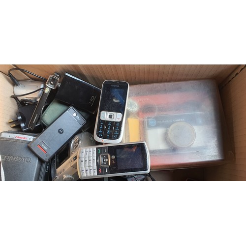 12 - Box of various vintage electricals Inc Walkman, CD player, Mobile phones, Cameras etc