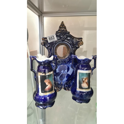 53 - 19th Century Cobalt Blue Mantle Clock with 2 Austrian Vases