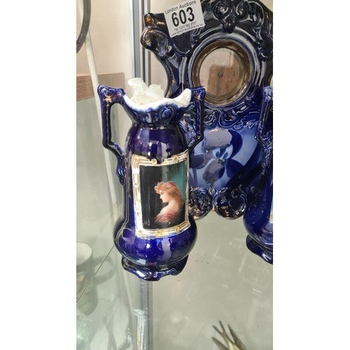 53 - 19th Century Cobalt Blue Mantle Clock with 2 Austrian Vases