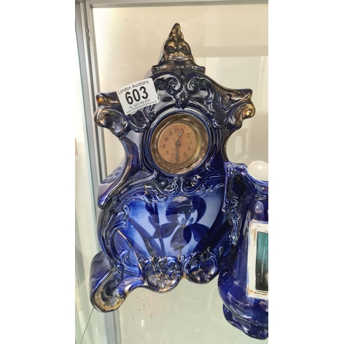 53 - 19th Century Cobalt Blue Mantle Clock with 2 Austrian Vases