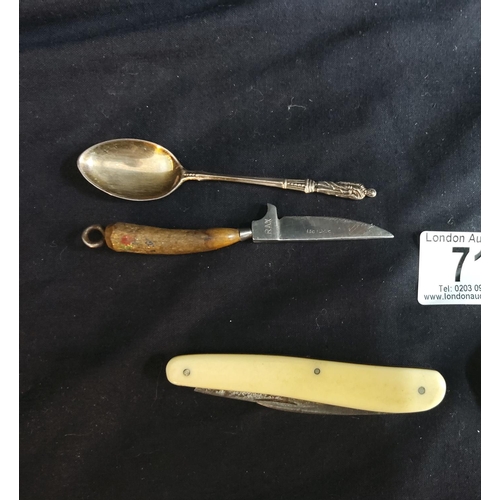 71 - Hallmarked Silver Spoon, a Pen Knife and 1 Other Knife