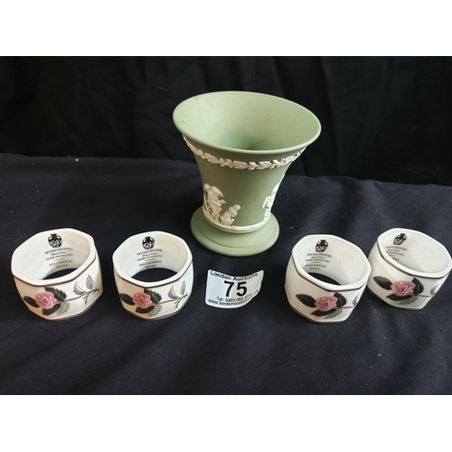 75 - Wedgwood Jasperware Vase and 4 Wedgwood Hathaway Rose Napkin Rings