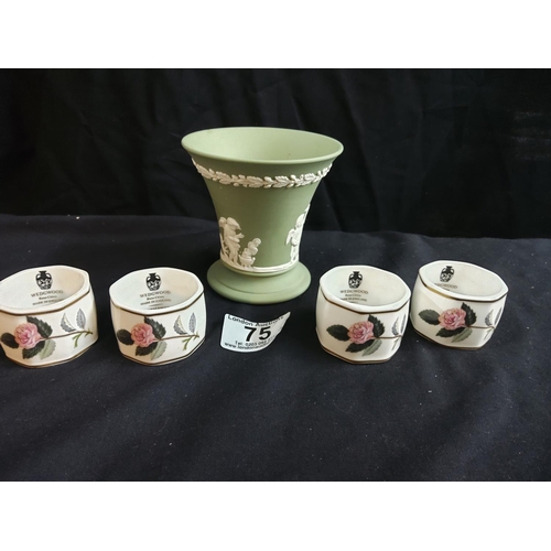 75 - Wedgwood Jasperware Vase and 4 Wedgwood Hathaway Rose Napkin Rings