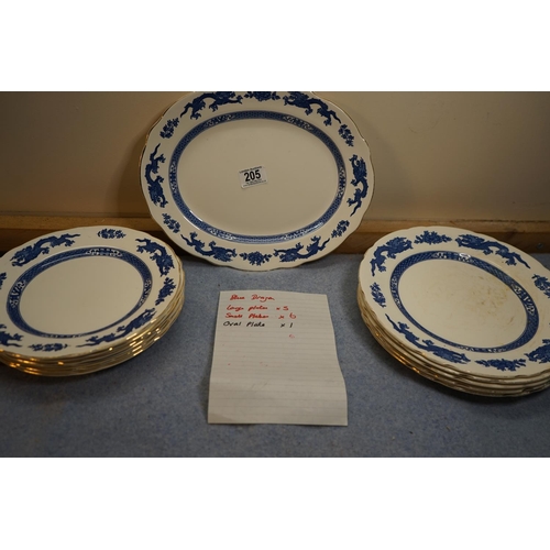 205 - Royal Couldon Blue Dragon- 5 Large Plates, 6 Small Plates, 1 Oval Platter