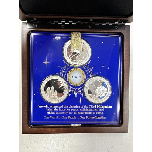 351 - FRANKLIN MINT DAWN OF NEW MILLENNIUM SILVER COIN Set. Consisting of 3 Sterling Silver Coins-Mint in ... 