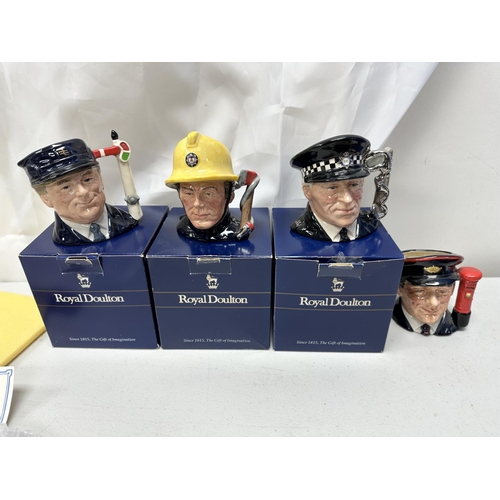 355 - Series of 4 Royal Doulton Character Jugs3 Boxed 1 Unboxed-Postman, Train Driver, Policeman and Firem... 