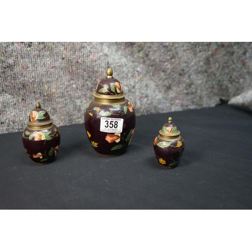 358 - Set of 3 Vintage Brass Cloisonné Enameled Lidded Jars