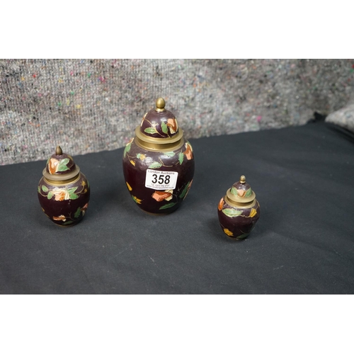 358 - Set of 3 Vintage Brass Cloisonné Enameled Lidded Jars